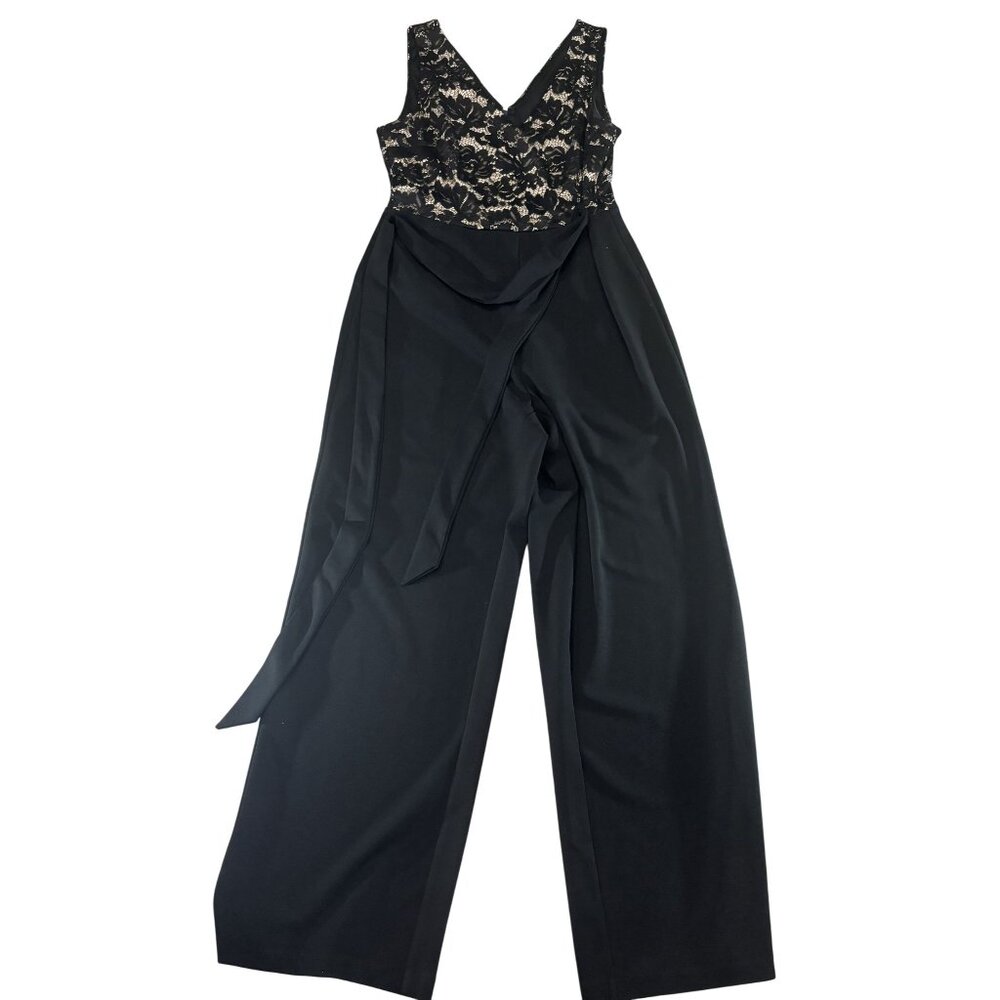 DKNY Black Wide-Leg Jumpsuit With Lace Bodice & Tie Waist Size 12